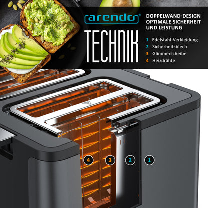 Arendo - 4-Slice Stainless Steel Toaster - with Bun Attachment - 4 Slots - LED Display Countdown Timer - Double-Wall Housing - Defrost Function - Crumb Tray - 6 Browning Levels - Cool Grey Design