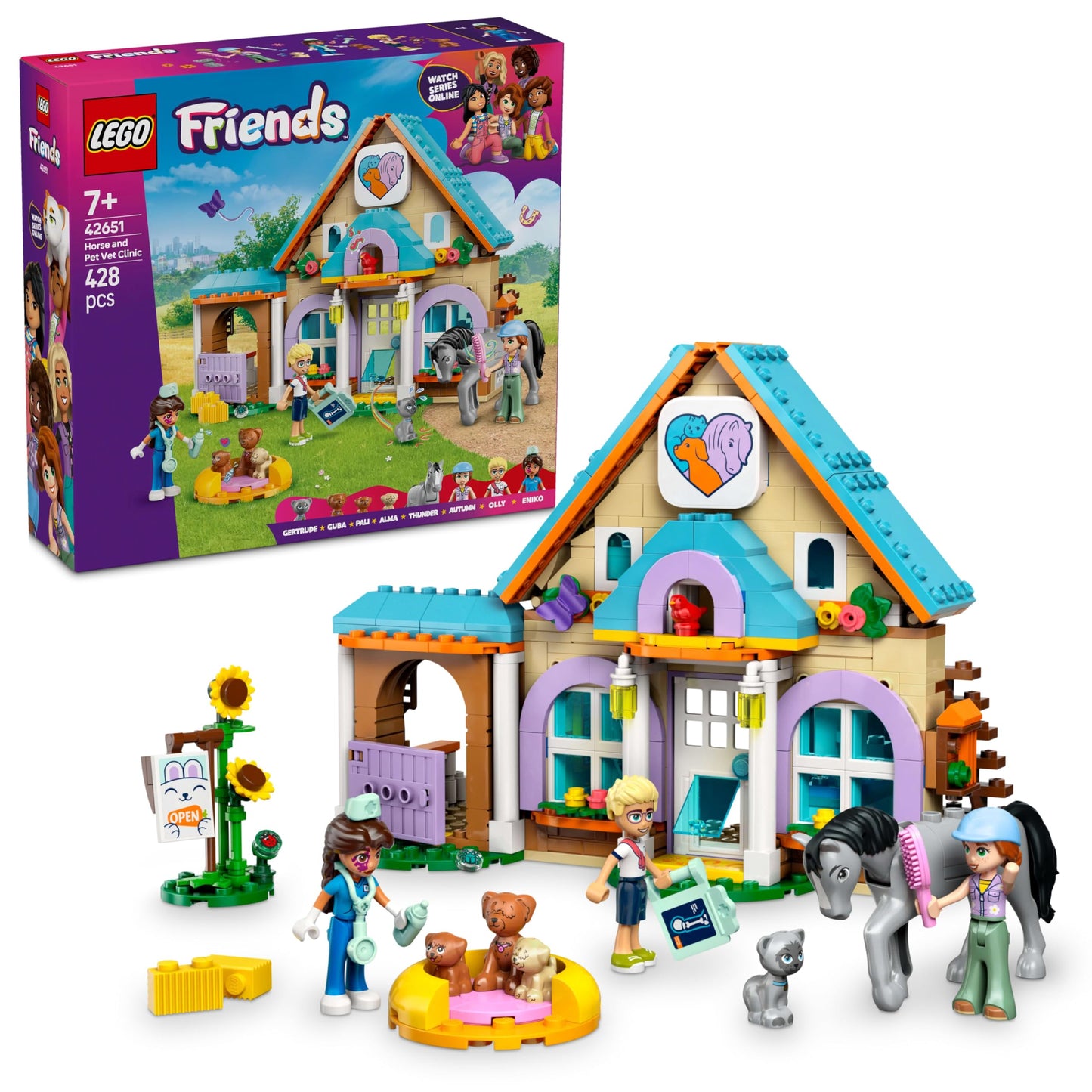 LEGO Friends Vet Clinic for Horses and Pets - Horse toy for girls and boys with 3 figures and 5 animal figures - Creative playset - Gift for kids ages 7+ 42651