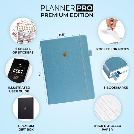Clever Fox Planner PRO Premium Edition - Luxurious weekly and monthly planner + budget planner for productivity and goal achievement, undated, storage box, lasts 1 year, Aquamarine