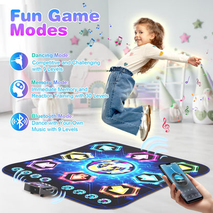 Dance mat for kids ages 3-12, 2025 Glow 8 Button Dance Mat with Bluetooth, Enhanced Flowing Light Control System with Stand, Toy Gift Girls 3 4 5 6 7 8 9 10 11 12 years