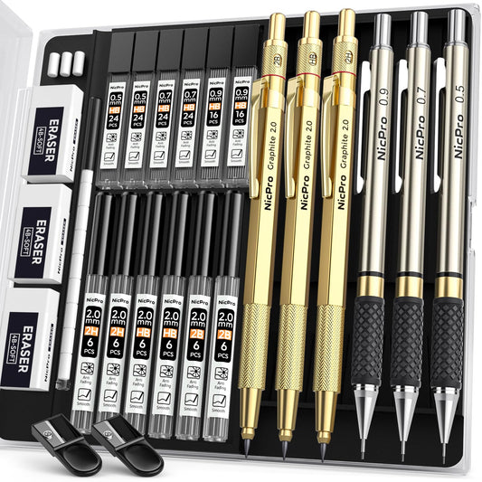 Nicpro 6 Piece Metal Mechanical Pencil Set with Case, Golden Pencils 0.5 & 0.7 & 0.9 & 2.0 mm Mechanical Pencil (2B HB 2H) with 12 Tubes of Lead, for Writing, Sketching, and Drawing