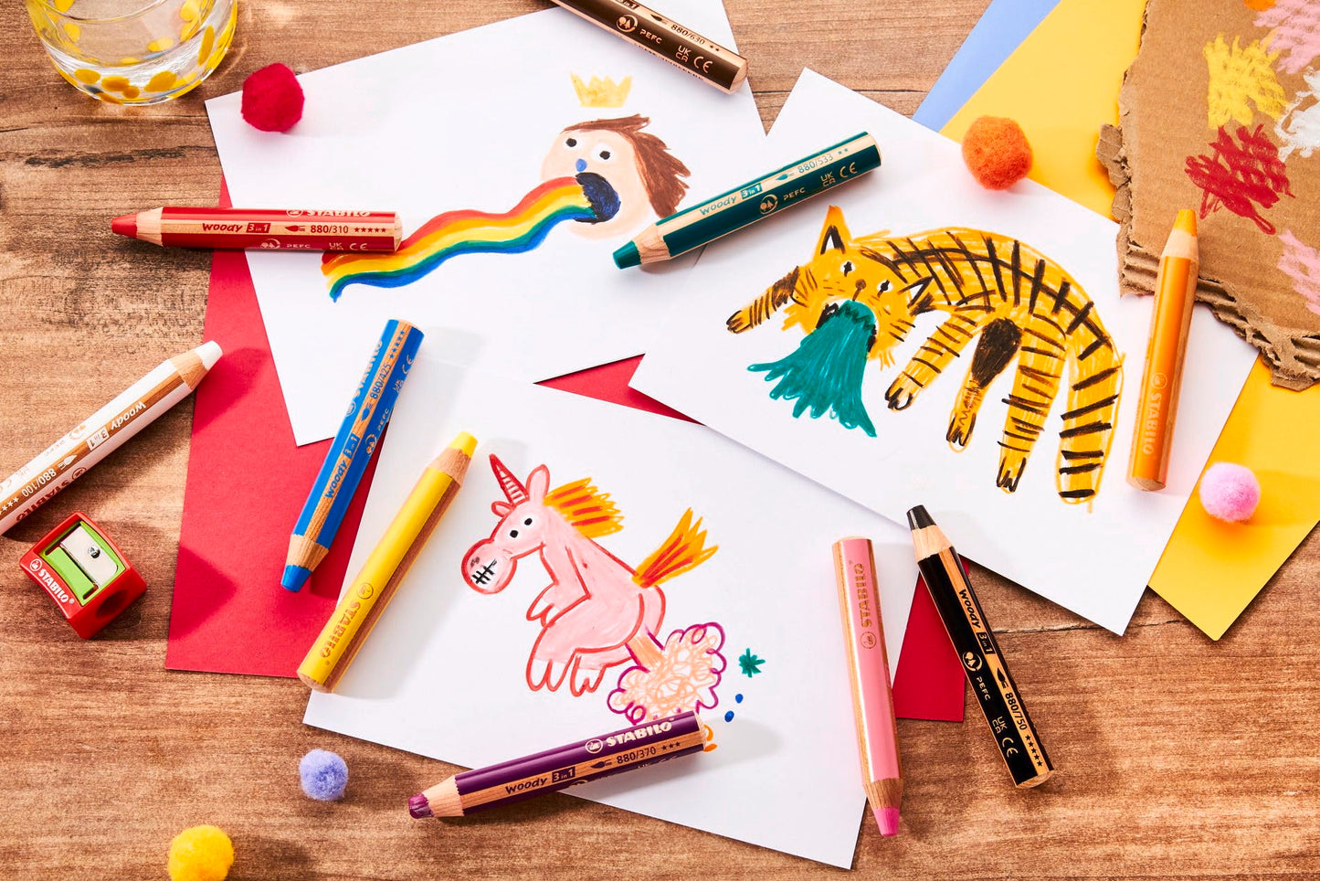 STABILO - Colored pencil, watercolor & wax crayon - woody 3 in 1 - Birthday Edition - 10 pack with sharpener - 10 colors