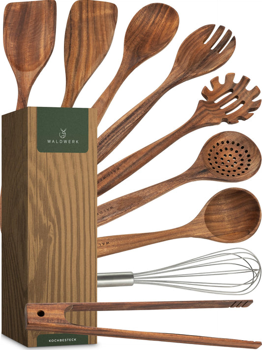 FORESTWORK Kitchen Utensil Set made of wood - 9-Piece With tongs, whisk, spatula, spoon, and pasta ladle - Cooking utensils