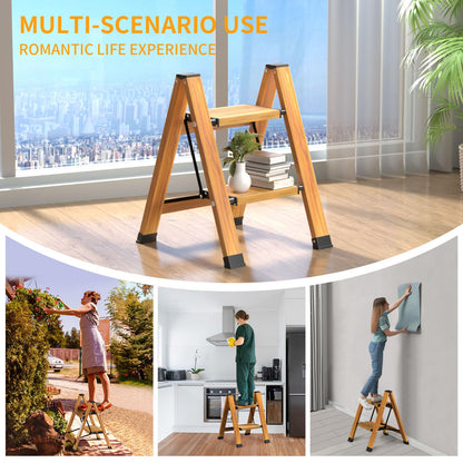 KULACO Folding 2 Step Ladder, Aluminum Foldable Ladder, Portable Step Ladder, Non-Slip Household Ladder, Multifunctional Ladder with Wood Grain Design for Home and Camping, Supports up to 150 kg.
