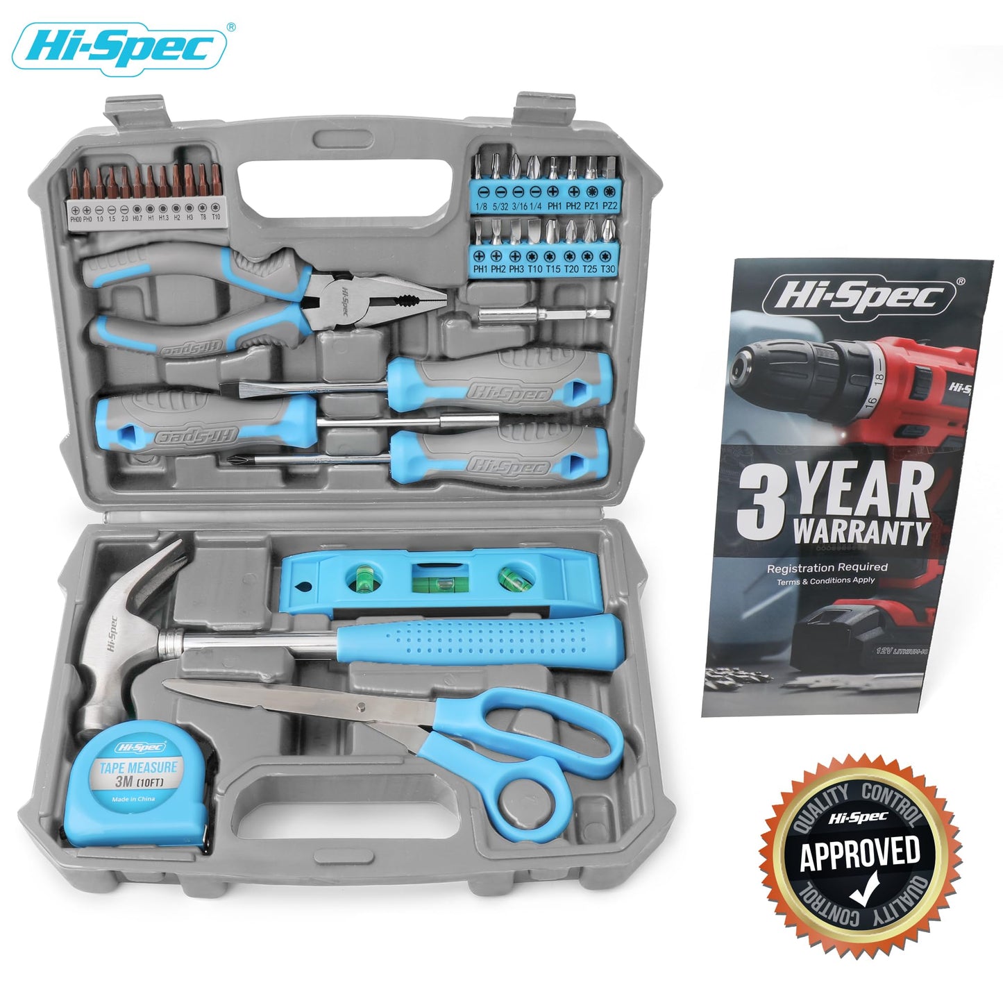 Hi-Spec toolset. Small toolbox filled with blue tools and screwdriver bit set for repairs.