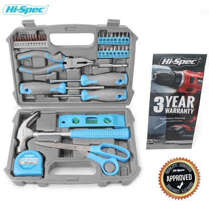 Hi-Spec toolset. Small toolbox filled with blue tools and screwdriver bit set for repairs.