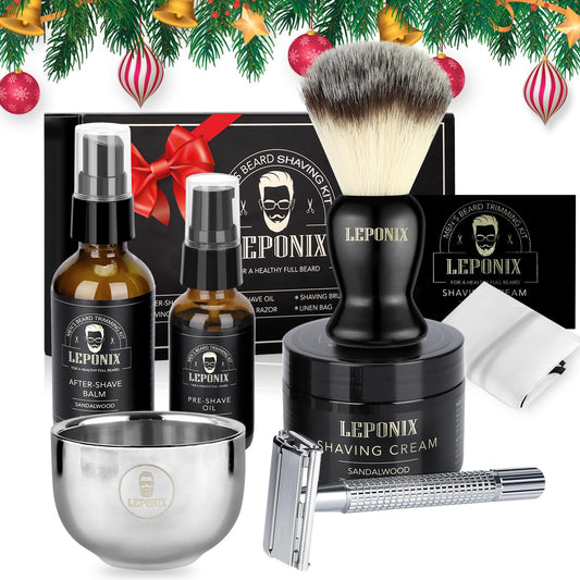 Wet Shaving Set for Men includes Safety Razor, Shaving Brush, Shaving Cream, After Shave Balm, Pre Shave, Shaving Bowl, Shaving Apron, Razor Handle Gift Set Men.
