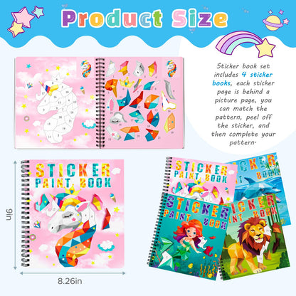 TCJJ 4 Pcs Unicorn Sticker Book for Kids 4-10 Years, 40 Picture Sticker Book Girls by Number, Children's Sticker Books to Improve Intelligence, for Christmas Gifts, School