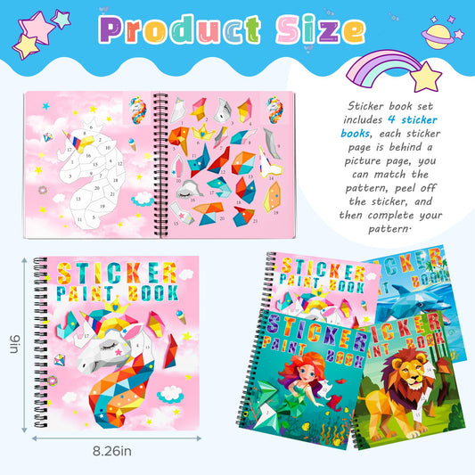 TCJJ 4 Pcs Unicorn Sticker Book for Kids 4-10 Years, 40 Picture Sticker Book Girls by Number, Children's Sticker Books to Improve Intelligence, for Christmas Gifts, School
