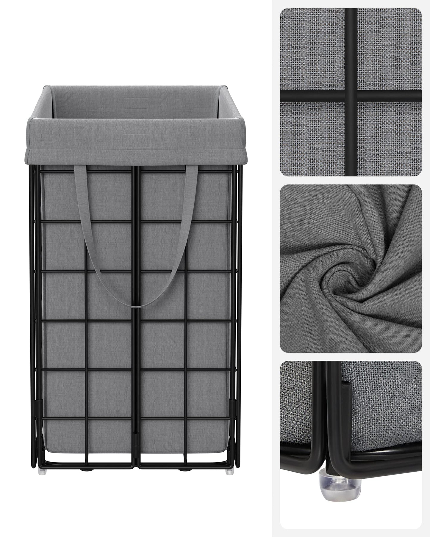 SONGMICS 90L Laundry Basket, foldable laundry hamper, detachable and washable laundry bag, metal wire frame, for bedroom, bathroom, laundry room, black-grey LCB190G01