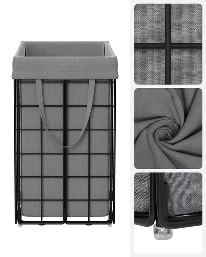 SONGMICS 90L Laundry Basket, foldable laundry hamper, detachable and washable laundry bag, metal wire frame, for bedroom, bathroom, laundry room, black-grey LCB190G01