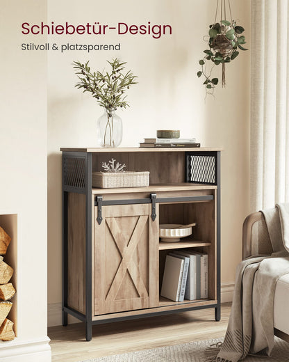 VASAGLE sideboard, kitchen cabinet, storage cabinet, with sliding door, 30 x 70 x 80 cm, adjustable shelf, open compartment, country style, for living room, oak brown-black LSC089B50