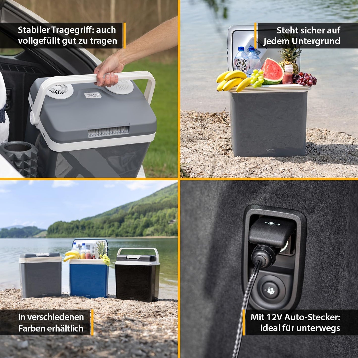 First Austria TZS - 32L electric cooler box with 12V 230V connection for car & socket - Thermoelectric cool box cools & warms - Mini fridge with handle - For camping, festivals, travel - Grey
