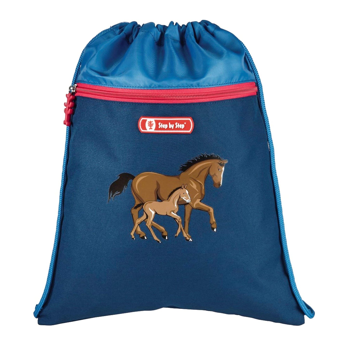 Step by Step School Backpack Set 2IN1 DIN "Horse Family" 4 pieces, blue-red, horses, ergonomic backpack with reflectors, adjustable height with hip belt for girls from 1st grade, 19L