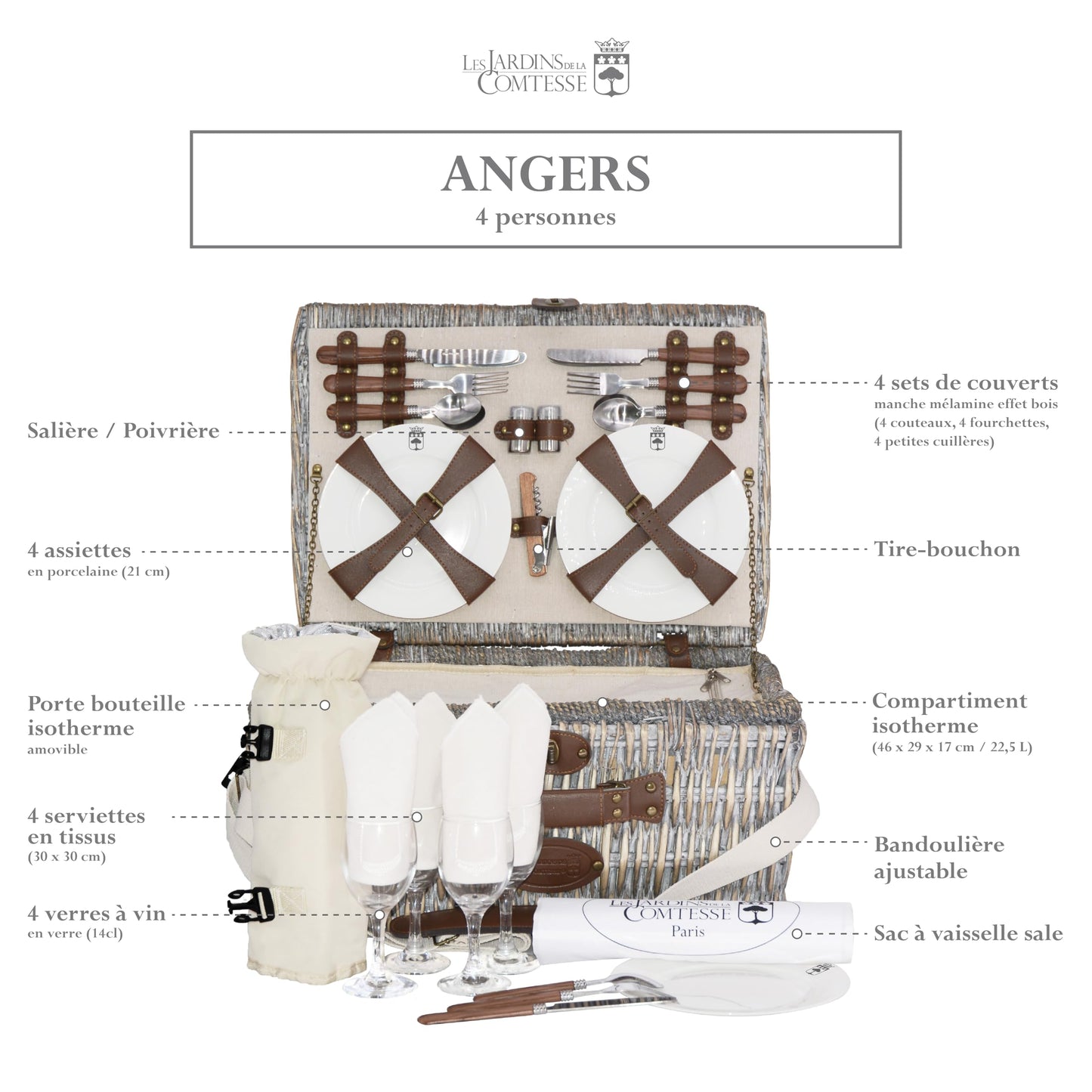 Les Jardins de la Comtesse - Angers Willow Picnic Basket - Complete for 4 People - Cooler Compartment - Ceramic Plates and Wine Glasses/Bottle Holder - Cream Fabric - 46 x 31 x 22 cm