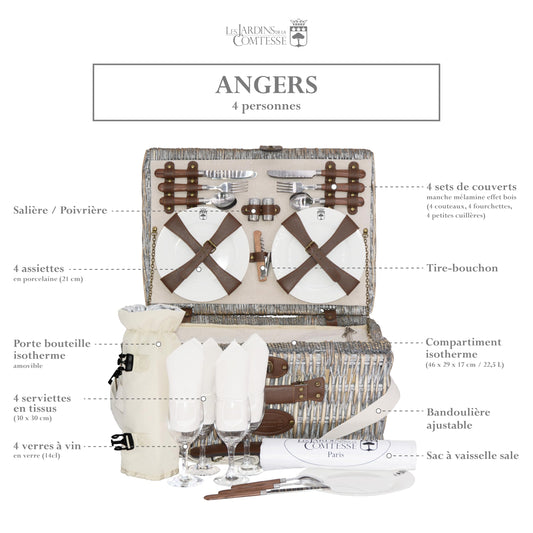 Les Jardins de la Comtesse - Angers Willow Picnic Basket - Complete for 4 People - Cooler Compartment - Ceramic Plates and Wine Glasses/Bottle Holder - Cream Fabric - 46 x 31 x 22 cm