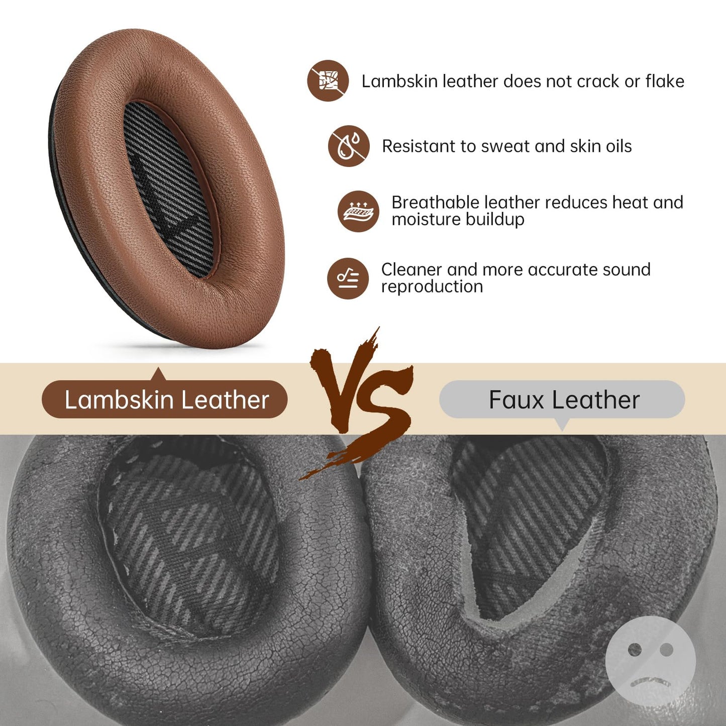 Aurivor genuine leather ear pads for Bose QuietComfort QC-35 QC-35-II QC-25 QC-15 QC-2 headphones, lambskin replacement ear cushions for Ae2/Ae2i/Ae2W SoundLink SoundTrue over-ear headsets.
