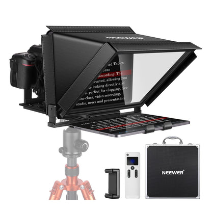 NEEWER X12 Teleprompter made of aluminum alloy with RT-110 remote control and app control, compatible with iPad, iOS/Android tablet, smartphone, DSLR camera, complete metal construction with carrying case.