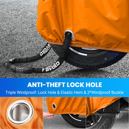 Favoto Upgraded Waterproof Motorcycle Cover Outdoor Motorbike Garage Scooter Cover Windproof Orange-Black XXXL with 2 Buckles.