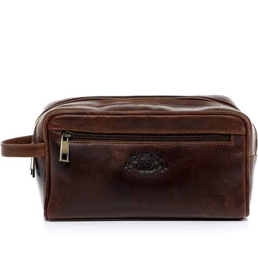 SID & VAIN large men's genuine leather toiletry bag - GATWICK washbag - brown handmade leather toiletry bag for men and women