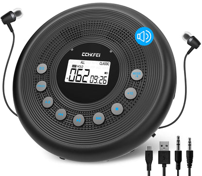 Portable CD Player Bluetooth with speakers, rechargeable 1400mAh portable CD player with shockproof/anti-skip protection, headphones and AUX cable, for car, home & travel.