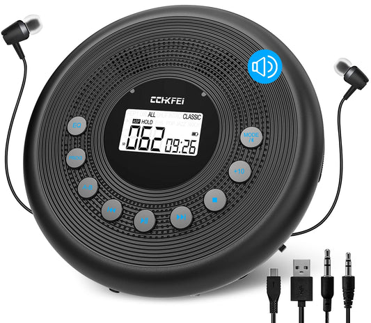 Portable CD Player Bluetooth with speakers, rechargeable 1400mAh portable CD player with shockproof/anti-skip protection, headphones and AUX cable, for car, home & travel.