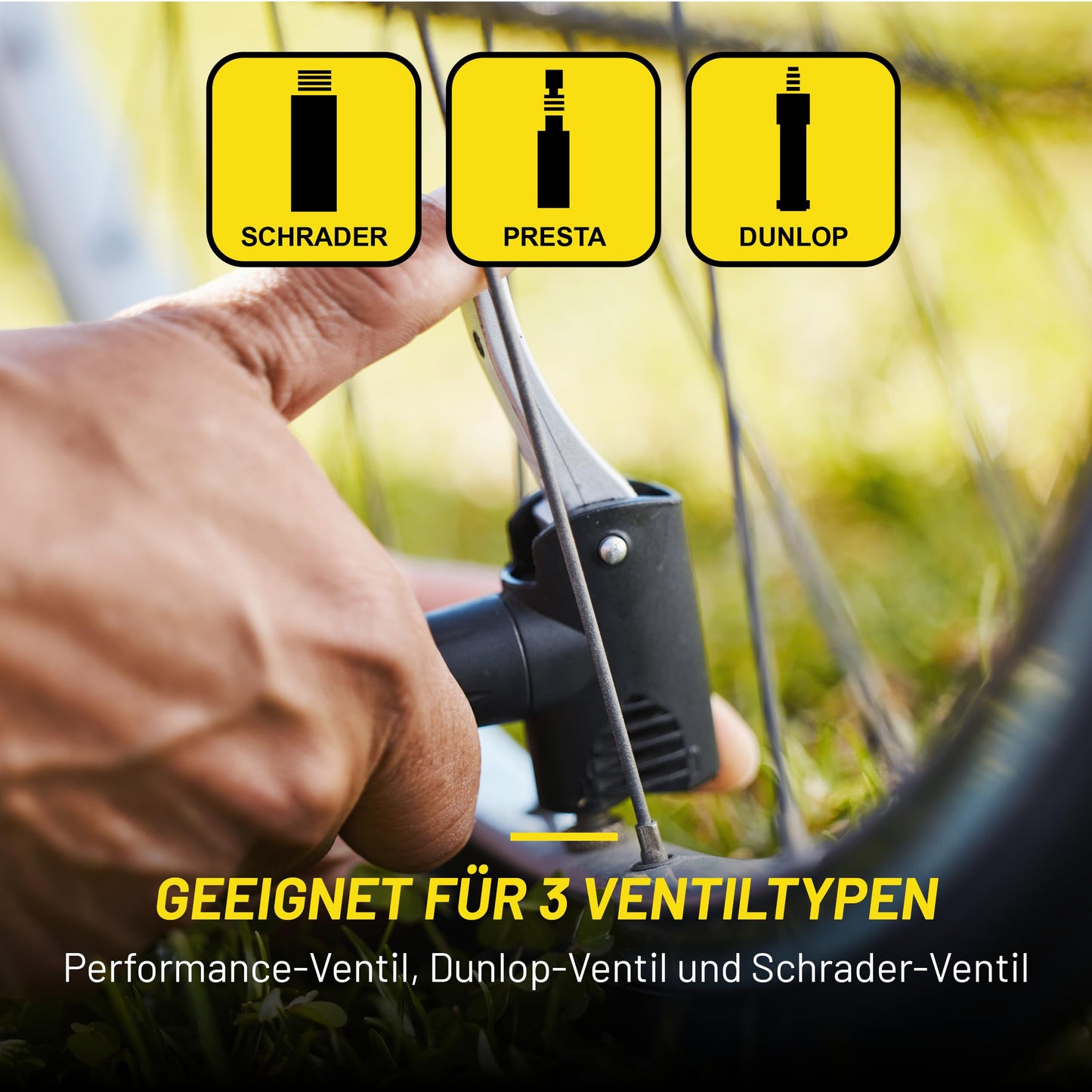 Dunlop bike pump with pressure gauge - bicycle pump with 2 adapters - for all valves - Dunlop, Presta, and Schrader valve - pump 11 bar/160PSI - plastic - black
