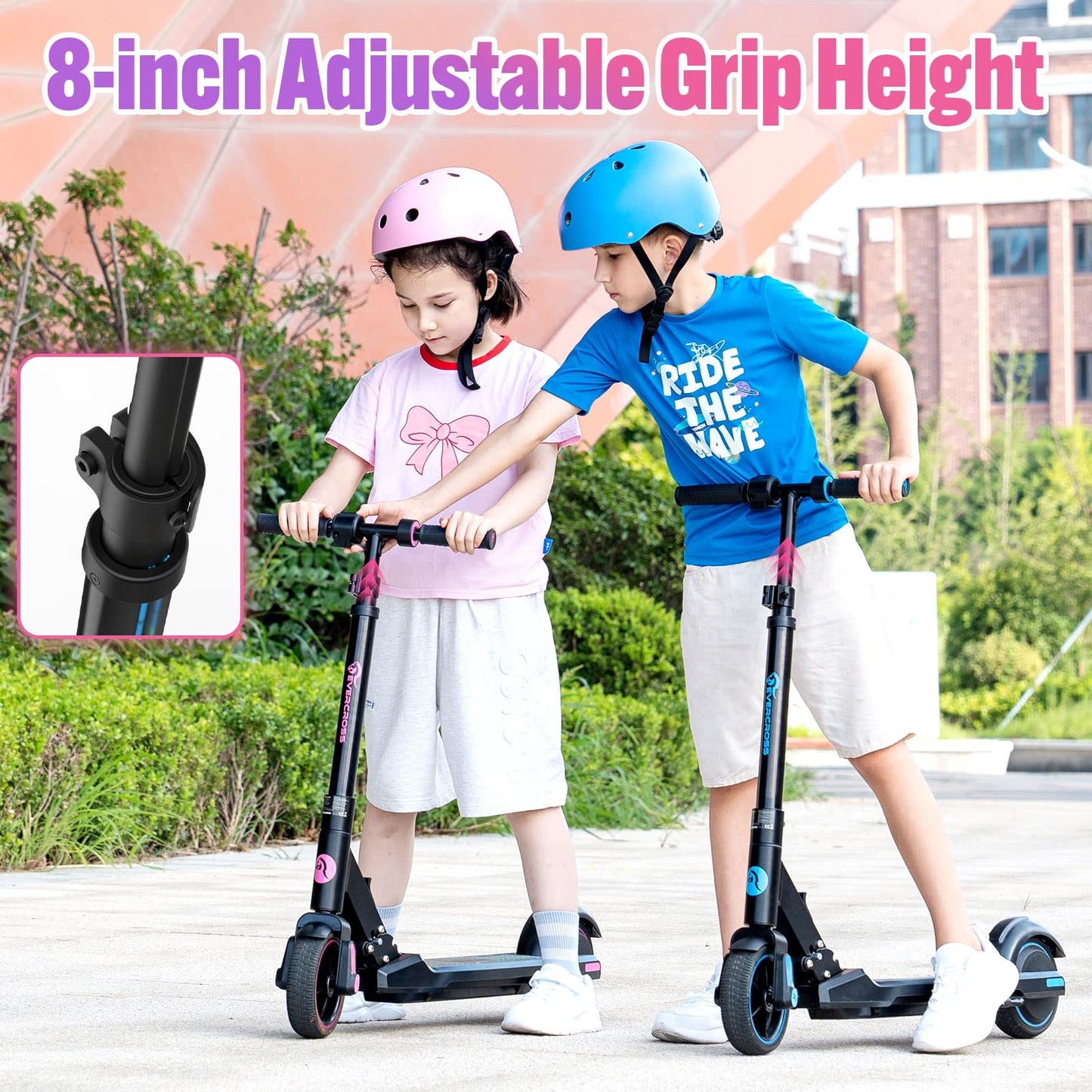 EVERCROSS EV06C electric scooter, 6.5'' Foldable E scooter for kids 6-12 years old, up to 15 km/h & 8 km range, LED display, colorful lights, lightweight electric scooter for kids (Blue + Pink)