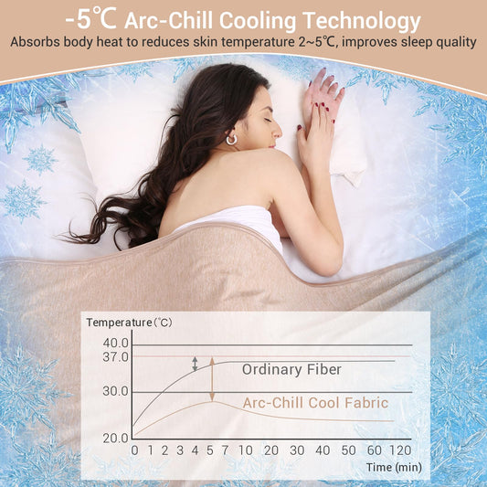 Elegear Cooling Blanket 130 x 170cm, Japanese Arc-Chill 3.0 Q-Max>0.5 Cooling Fibers 2in1 Self-cooling Summer Blanket Double-sided, absorbs body heat, cooling blanket for people Thin Throw Blanket Beige