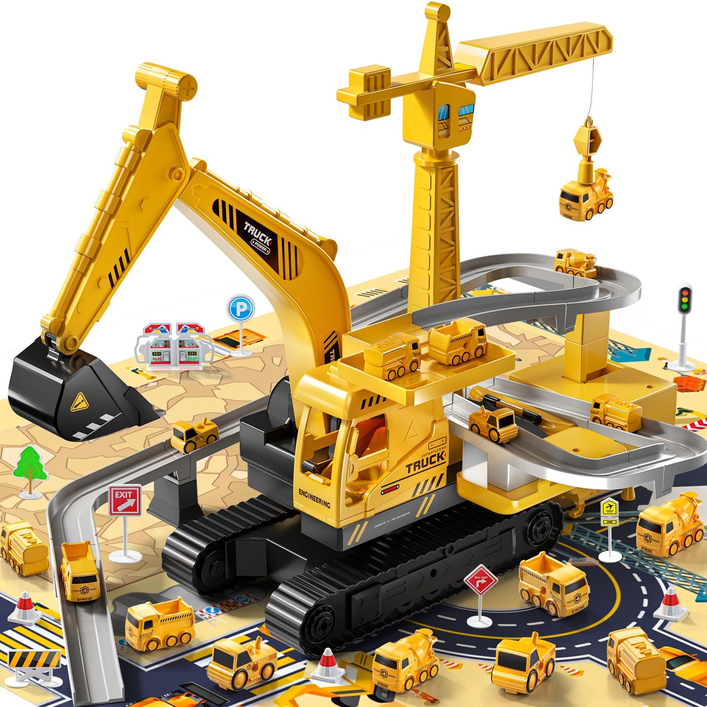 TEMI Excavator Toy for 3 4 5 6 7 8-year-old Boys, Construction Vehicle with Race Track, Crane Toy for Kids, Birthday Gift for Boys and Girls from 3 years.