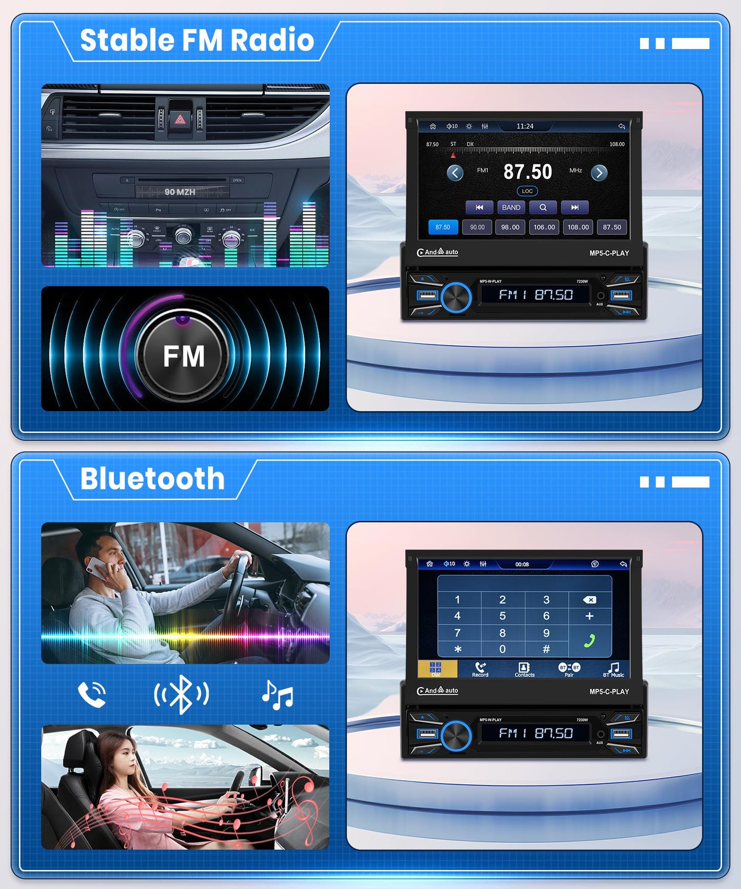 Podofo Wireless Carplay/Android Auto Car Radio 1Din with 7'' Retractable Display Automatic Screen Bluetooth 5.1 Wireless Android Auto FM 2USB/MIC/Type C/With Rearview Camera Steering Wheel Control