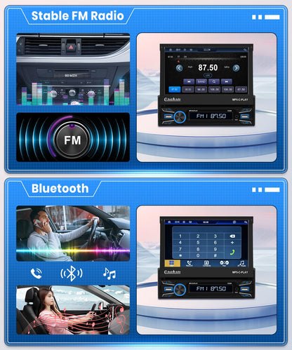 Podofo Wireless Carplay/Android Auto Car Radio 1Din with 7'' Retractable Display Automatic Screen Bluetooth 5.1 Wireless Android Auto FM 2USB/MIC/Type C/With Rearview Camera Steering Wheel Control
