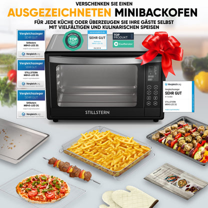 Stillstern Mini Oven with Fan 45L (DE vers) Pizza Ø32, CYCLONE PRO+ non-stick coat, 13 progs, defrost&keep warm, 8h timer, Camping Mini Oven with Fan Pizza Oven Mini Oven small Chicken Grill