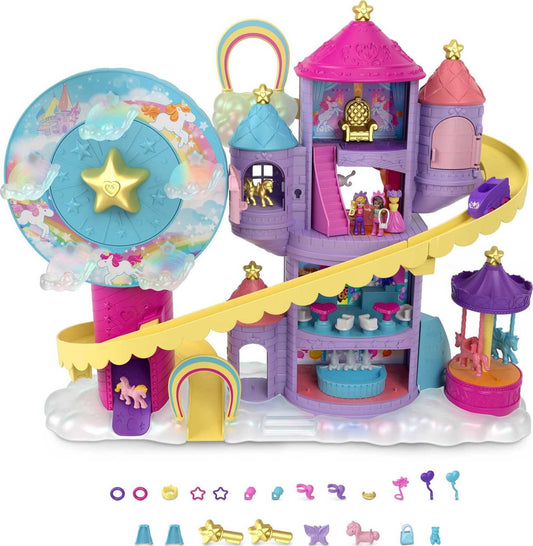 Polly Pocket HBT13 - Rainbow Unicorn Fun Fair, 3 different amusement park attractions, 7 play areas, 2 dolls, 2 unicorns, and 25 surprises (30 total pieces), for ages 4 and up.