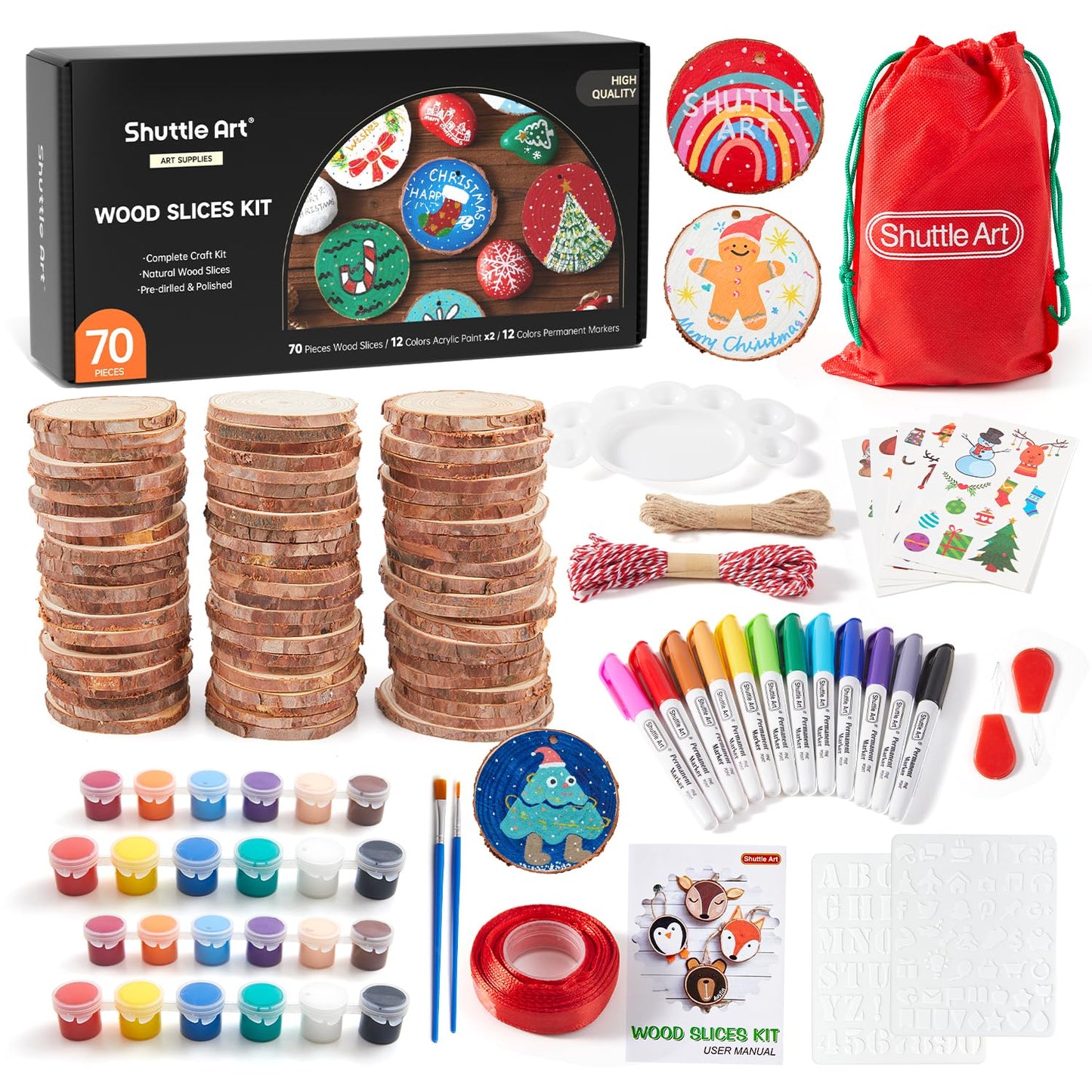 Shuttle Art Wooden Discs for Crafts, 70 Pieces 7-8cm Pre-Drilled Tree Slices with Hole, Natural Wood Slices for Painting with Acrylic Paints and Permanent Marker, Wood Circles, Suitable for Children, Christmas Decoration.