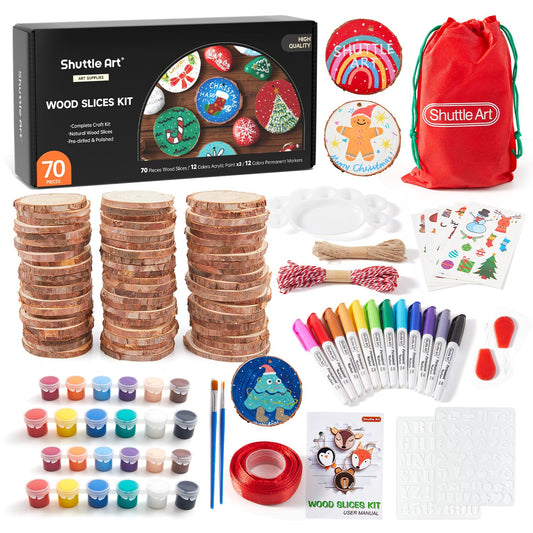 Shuttle Art Wooden Discs for Crafts, 70 Pieces 7-8cm Pre-Drilled Tree Slices with Hole, Natural Wood Slices for Painting with Acrylic Paints and Permanent Marker, Wood Circles, Suitable for Children, Christmas Decoration.
