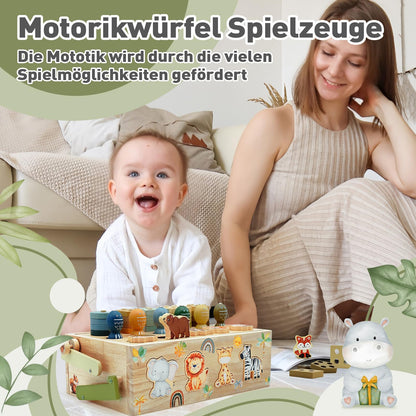 Montessori toy for 1 year and up, wooden activity cube with 9 functions, safari themed motor skills toy for 1, 2, and 3 year olds. Perfect gift for baby girls and boys aged 1-4 years.