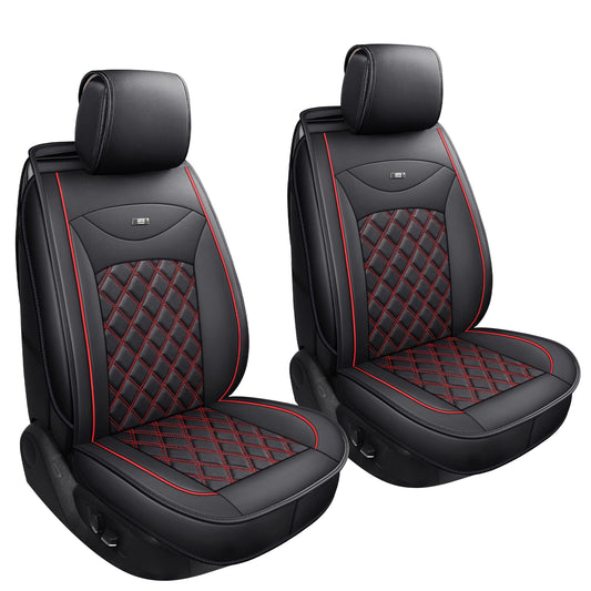 2 pieces of black and red leather car front seat covers with rhombus pattern - Universal fit for most cars - Airbag compatible - Durable faux leather - Easy installation.
