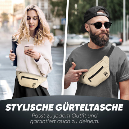 RUVO® Waist Bag for Men and Women | stylish fanny pack with maximum storage space | 4 compartments each with zipper | suitable for all activities.