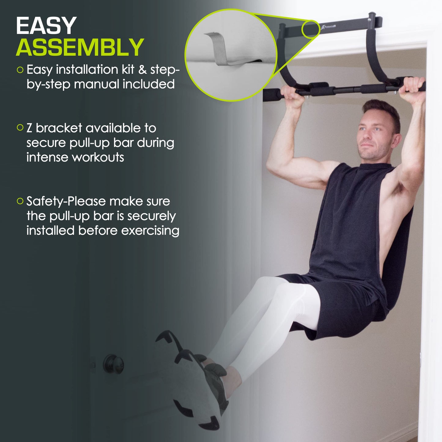 ProsourceFit Multi-Grip Lite Pull Up/Chin Up Bar, a sturdy doorway bar for upper body workouts at home gyms. Adjustable length from 24”-32”.