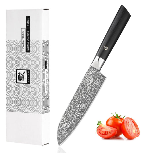 zayiko Black Edition Damascus knife small Santoku knife I 13 cm blade made of 67 layers of VG10 Damascus steel I Ergonomic Pakkawood handle I Premium kitchen knife for vegetables, meat & fruit I Gift box
