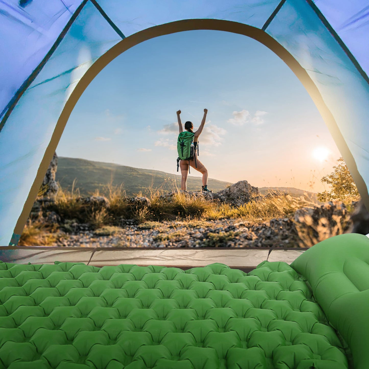 STURME Camping Mat Self Inflating Sleeping Pad with Foot Pump, Outdoor Inflatable Air Mattress Ultralight Sleeping Pad, Durable Mattress, Foldable Sleeping Mat with Pillow for Hiking, Outdoor - Green