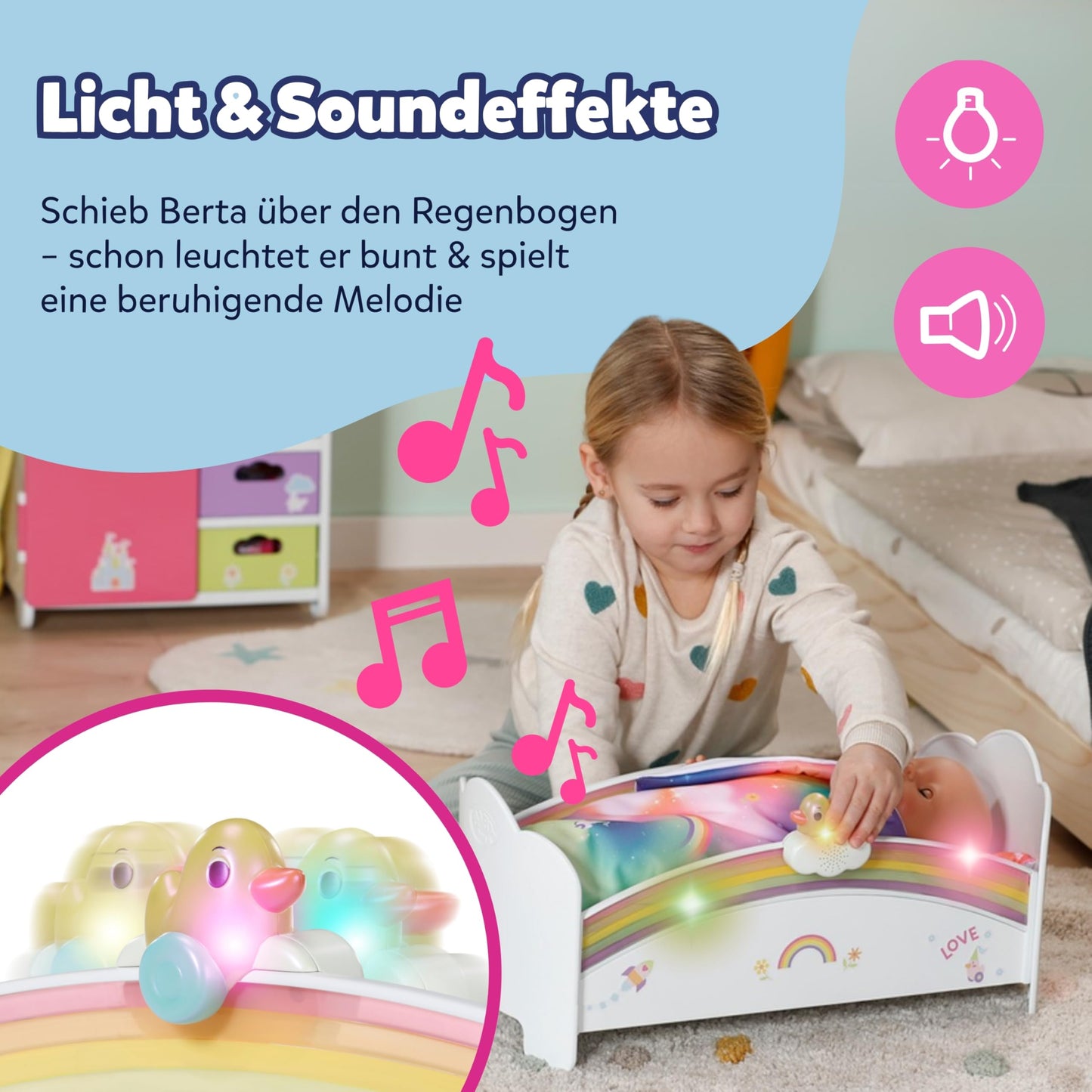 BABY born Rainbow Bed, doll bed with rainbow lights and soothing lullaby, includes reversible bedding, 835999 Zapf Creation