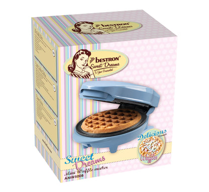 Bestron Mini Waffle Iron for classic waffles, small waffle maker with non-stick coating, perfect for kids' birthdays, family gatherings, Easter or Christmas, retro design, 550 watts, color: Blue.