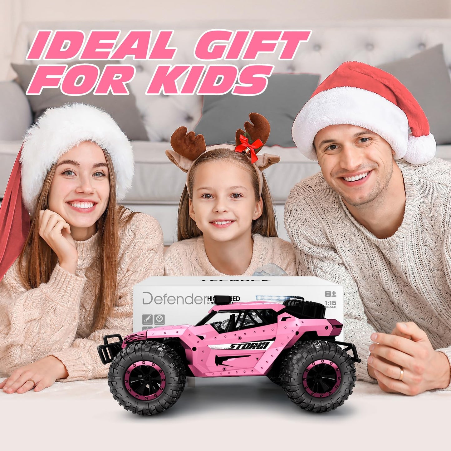 Tecnock Remote Control Car 1:16 with headlights and chassis lighting, All Terrain Off Road RC Monster Truck 2.4GHz Toy, 2 batteries for 60 min runtime - Gift for adults and children.