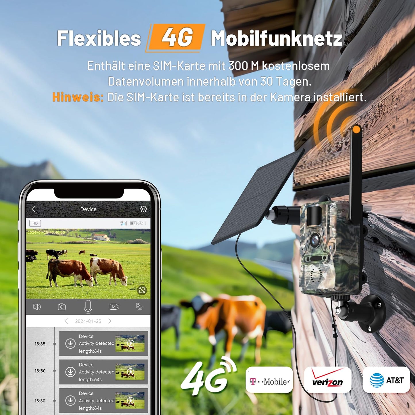 XTU 4G trail camera with SIM card - LTE solar wildlife camera with mobile transmission app, PIR motion sensor, no-glow infrared night vision camera with 7800mAh battery, 32GB SD card, 2-way audio IP66.