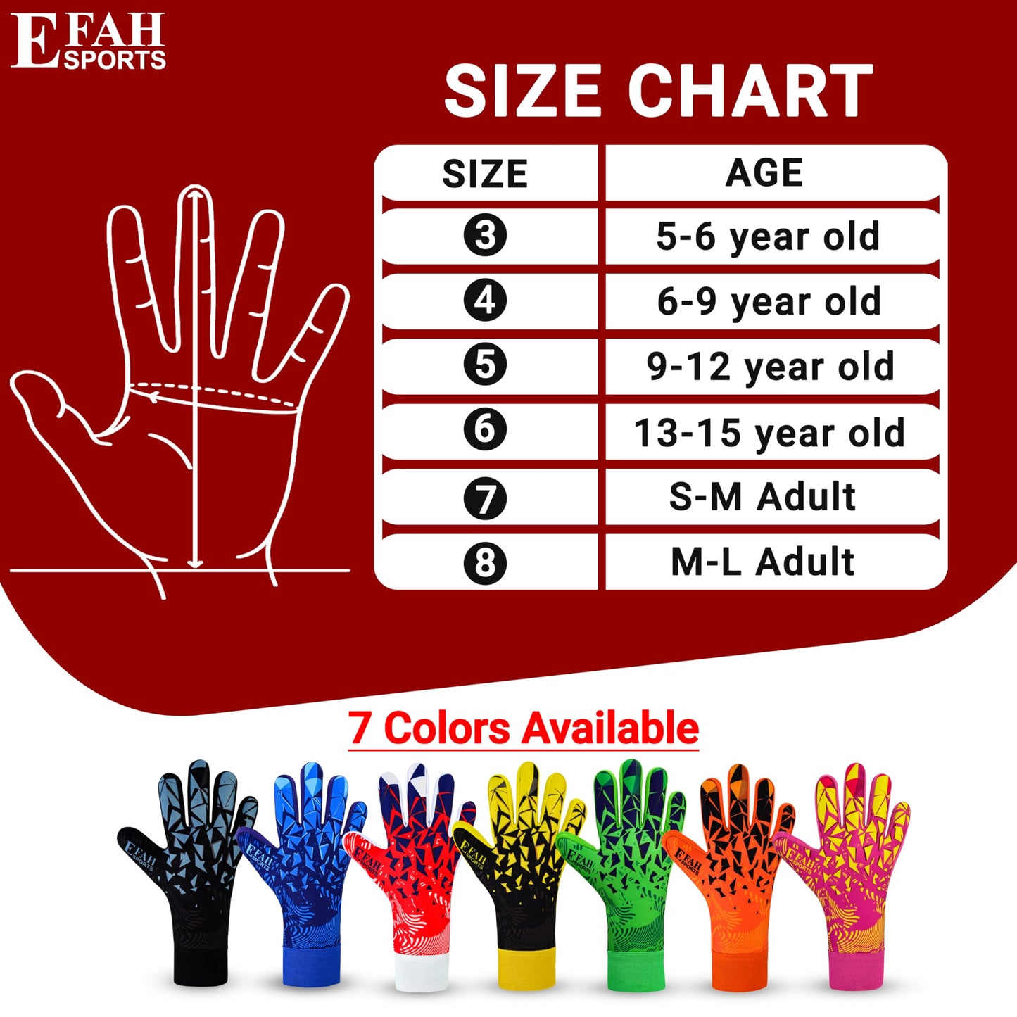 EFAH SPORTS goalkeeper gloves for kids and adults with padded palm, breathable and strong grip soccer gloves (Red, Size 5 suitable for 9 to 12 years old, Ambidextrous)