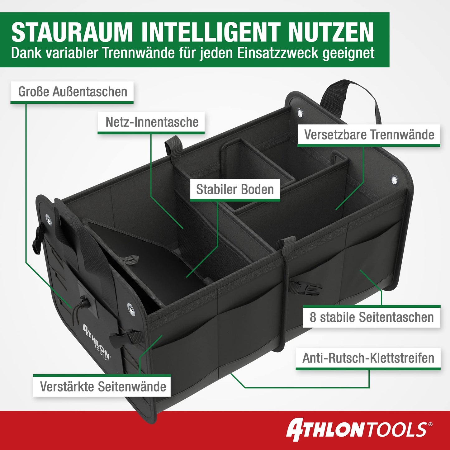 ATHLON TOOLS Premium trunk bag with lid - 60 liter XXL trunk organizer - extra sturdy & waterproof bottoms - food-safe - with anti-slip velcro