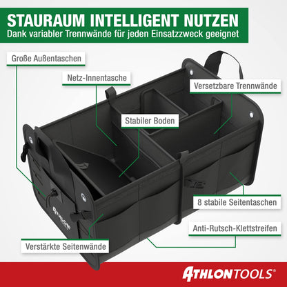 ATHLON TOOLS Premium trunk bag with lid - 60 liter XXL trunk organizer - extra sturdy & waterproof bottoms - food-safe - with anti-slip velcro