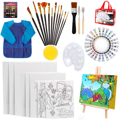 HOTOOLME 55 pieces Canvas Painting Set with Acrylic Paint Set, including wooden easel, canvases, brushes, palette, and storage bag. Acrylic painting starter kit for boys and girls.
